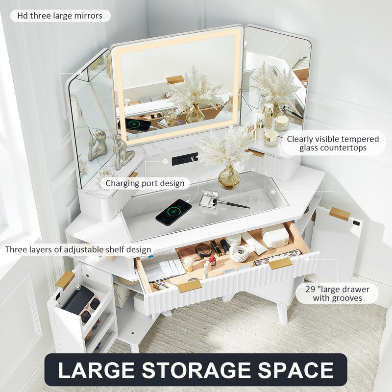 48'' Fluted Makeup Vanity Desk With Hd Triple Mirror And Lights,large Lighted Corner Vanity With Glass Top, Modern Dressing Table With Outlets