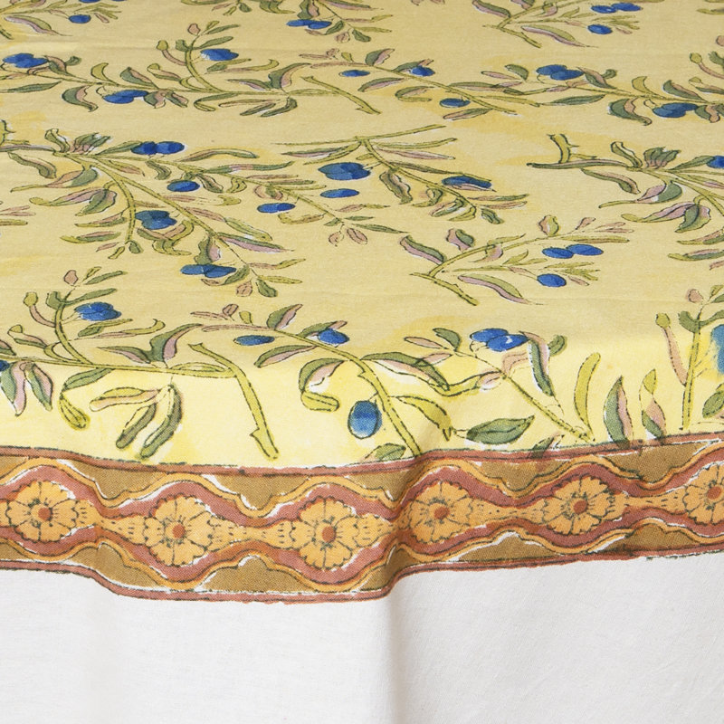 Dyess Handmade Floral Tablecloth, 90" Round, Gold-Blue