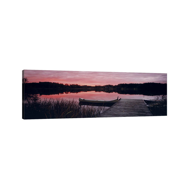 Canoe Tied To Dock On A Small Lake At Sunset - Wrapped Canvas Panoramic Print, 30.48 cm H x 91.44 cm W x 1.91 cm D