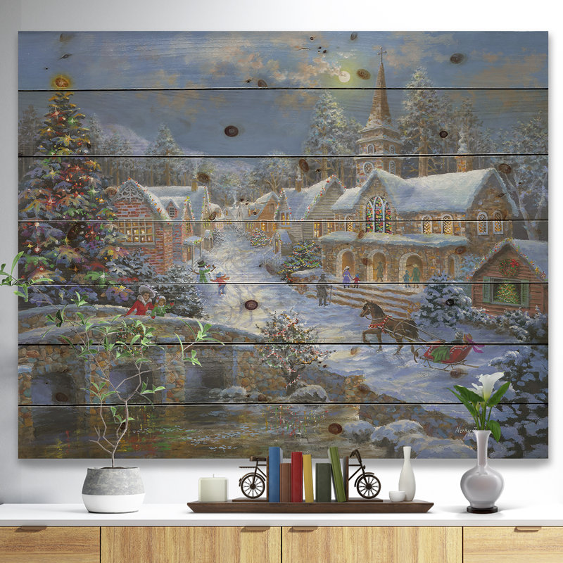 Christmas Paradise with Church Snow and Open Sleigh - reproduction d'art, H 15 po x l 20 po x P 0,78 po, Bois
