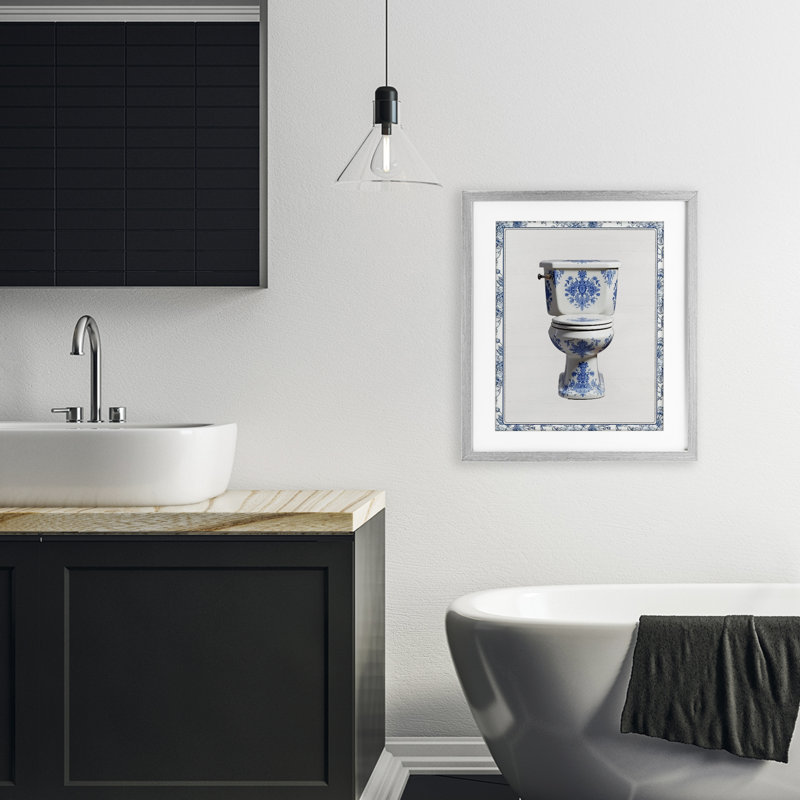 Toilette vintage chinoise, impression par lettres et doublure encadrée sous verre, H 21 po x l 17 po, Cadre de ferme gris