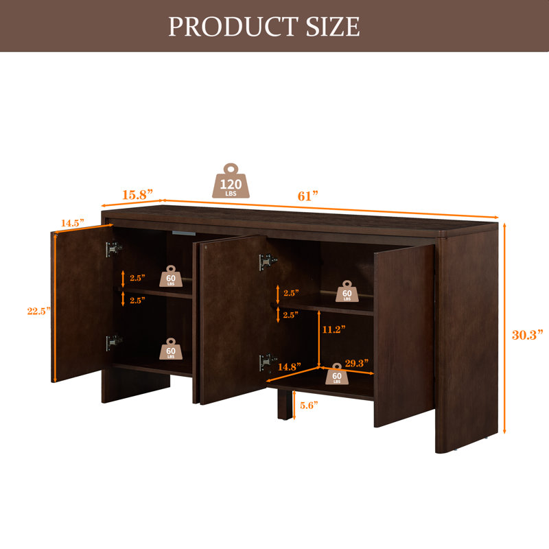 Buffet 61 "en placage de bois, armoire de rangement Mid-Century avec tablettes réglables