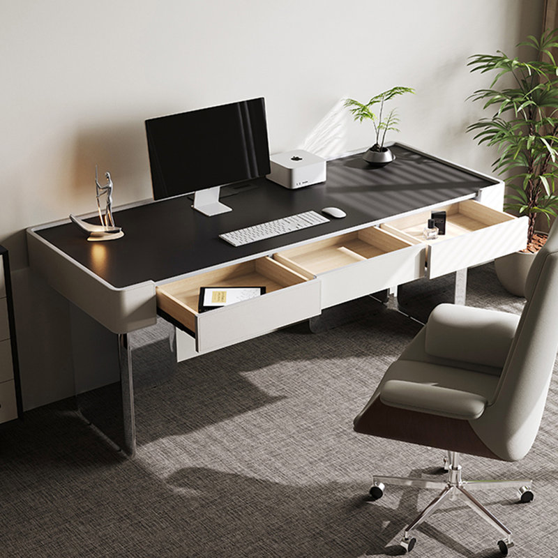 Bureau à 3 tiroirs noir + pierre frittée rectangulaire gris clair + bois manufacturé + acier inoxydable
