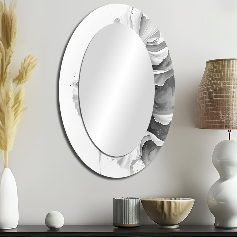 Velours blanc, gris, noir, fleurs abstraites - Grand miroir mural ovale sur métal, 36 po x 24 po