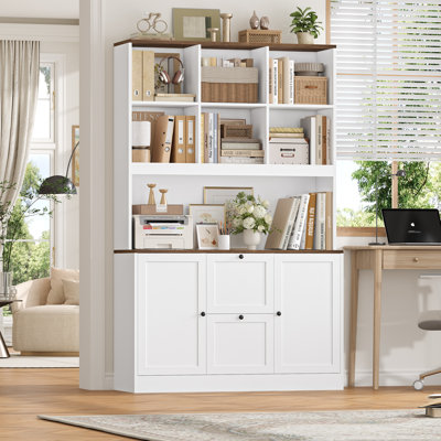  72"H Wood Storage Bookcase With File Drawers, Base Cabinet With Drawers, White