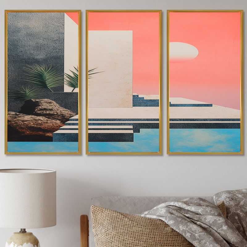 Katherina - ensemble d'art mural abstrait paysage, Cadre flottant doré, H 40 po x l 60 po x P 1 po