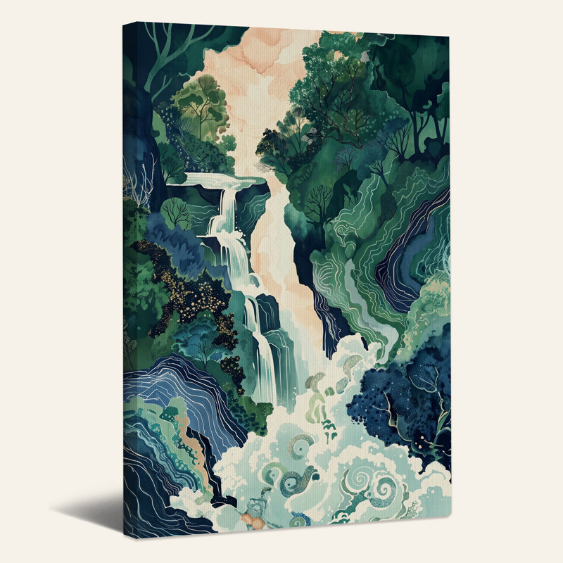 Tableau sur toile représentant une cascade stylisée dans une forêt verdoyante, H 40 po x l 28 po