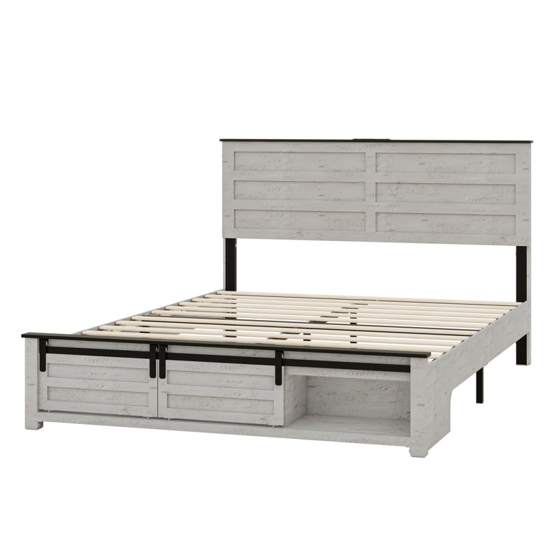 Lit moderne avec tête de lit, plateforme en bois, Blanc antique, Grand lit