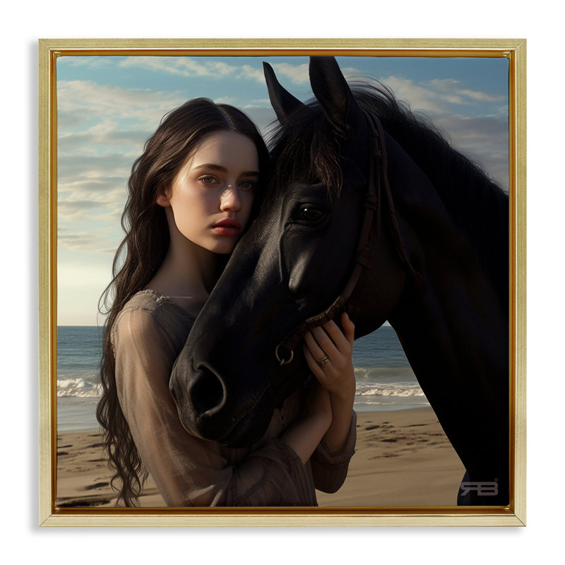 «Beautiful Girl & Stallion», art mural encadré par RB, Cadre flottant métallique doré, H 25 po x l 25 po