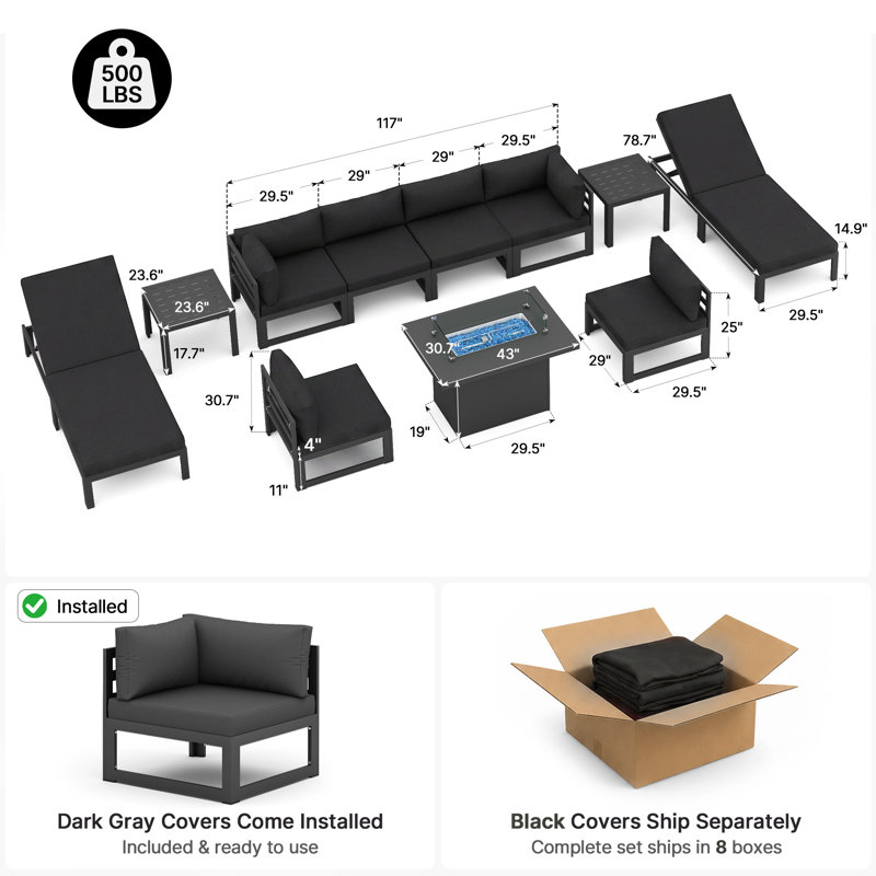 Ensemble modulaire d'extérieur en aluminium pour 8 personnes avec méridienne et coussins Glenita, Noir, noir, noir, noir