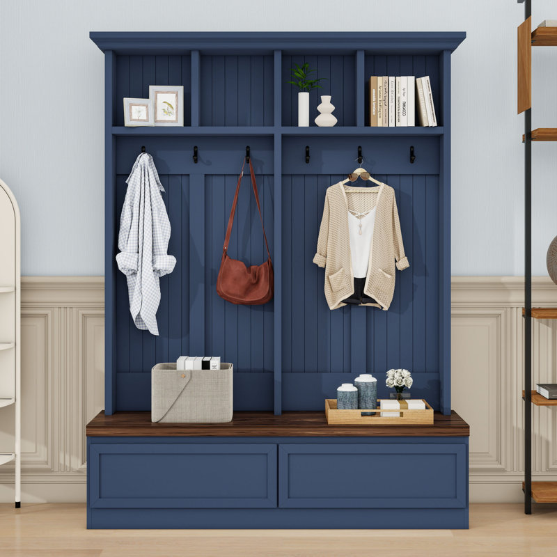 Farmhouse Hall Tree 55.9" Width X 75.6" Height With Shoe Bench And Coat Hooks, White