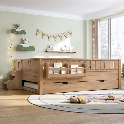 Lit double naturel avec lit gigogne et tablettes de rangement, solution peu encombrante