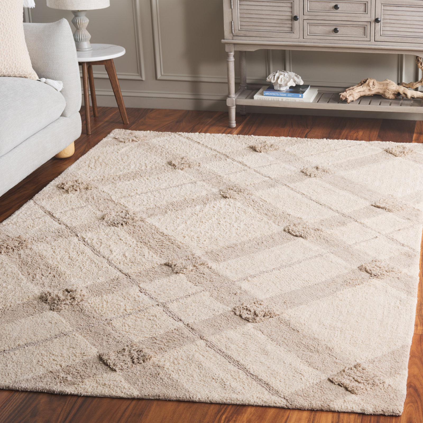 Auguste Beige Washable Hand-Woven Plaid Rug, Rectangle 5' x 8'