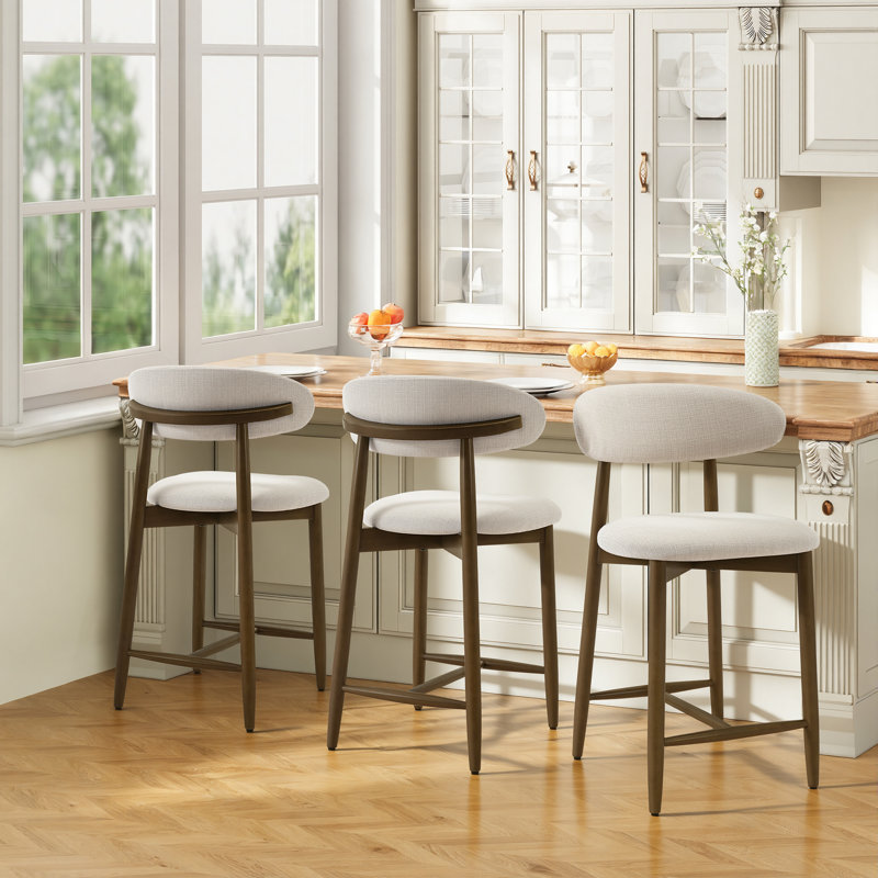 25'' Upholstered Counter Stool with Curved Back and Solid Wood Base, Beige, 3