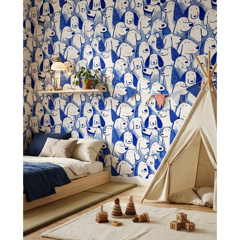 Papier peint bleu et blanc Playful Dogs, Non-Woven Non-Pasted