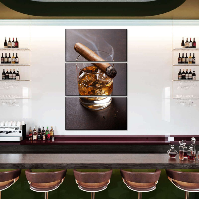 Cigare sur verre à whisky - Ensemble de 3 toiles tendues, H 45 po x l 28 po x P 1,25 po