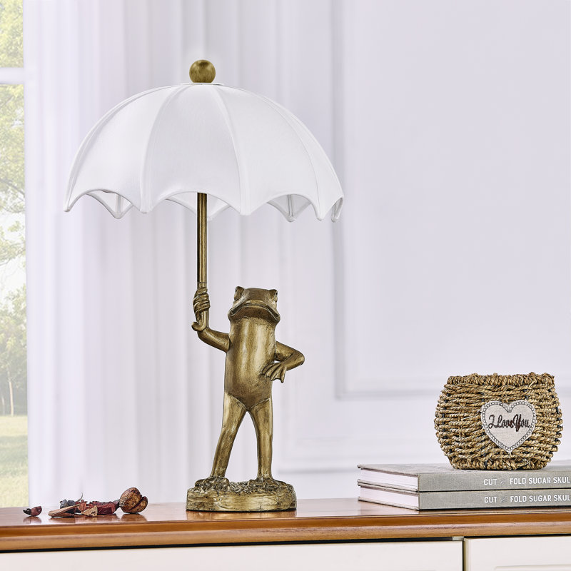 23" Gold Resin Frog Table Lamp With Linen Umbrella Shade, White, Gold