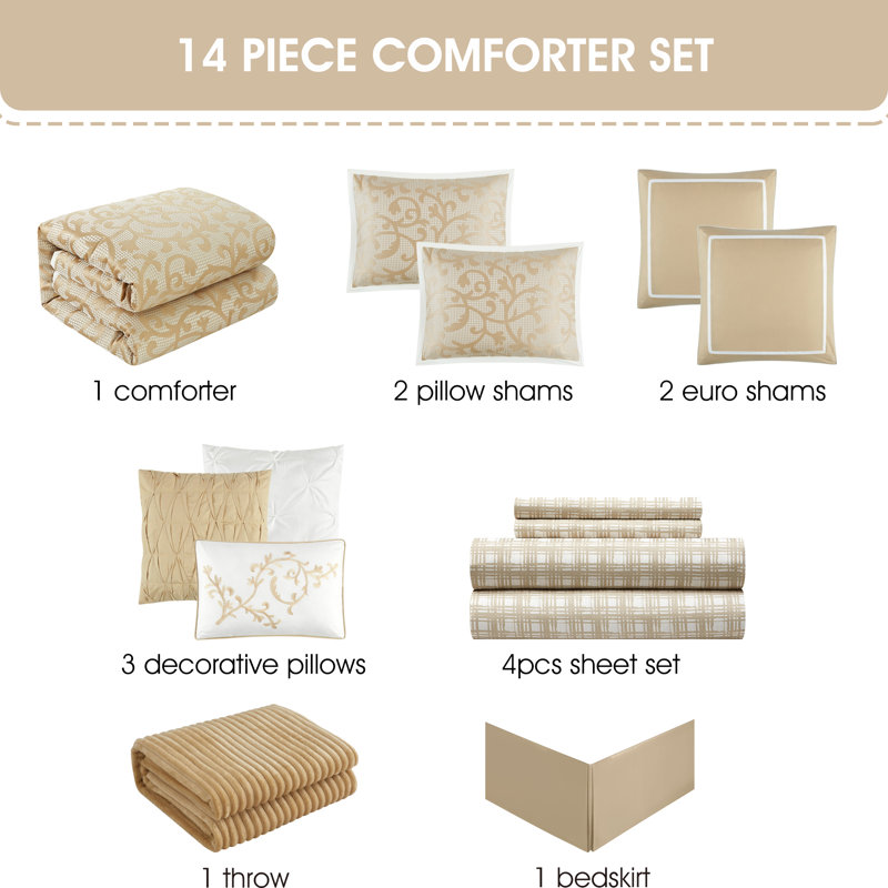 Ensemble d'édredon 14 pièces Janella, Édredon très grand + 13 pièces supplémentaires, Taupe