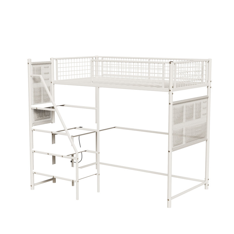Lit mezzanine simple en métal blanc pour dortoir - charge, lumières à DEL, station de charge pour chambre à coucher, fabrication robuste