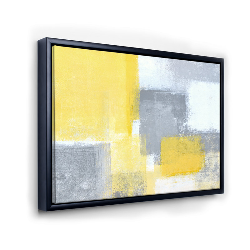 Gris et jaune bleu abstrait XXI - reproduction sur toile, H 36 po x l 46 po, Cadre flottant, Noir