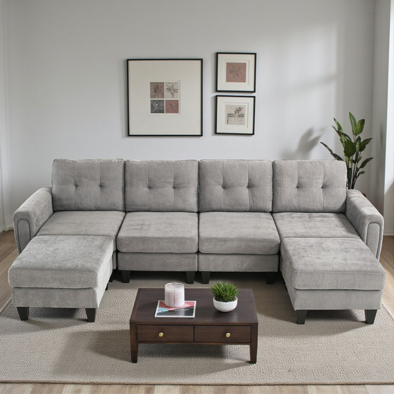 Chenille Upholstered Modular Sectional Sofa With Side Table, USB Ports & Ottomans – Tufted Back, Gray Chenille