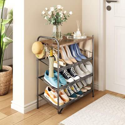 4 Tier Shoe Rack For Entryway, Metal Shoe Rack Organizer Holds 15 Pairs Shoes, Front Door Shoe Storage With Rustic Brown Wooden Top, Vertical Shoe Rac