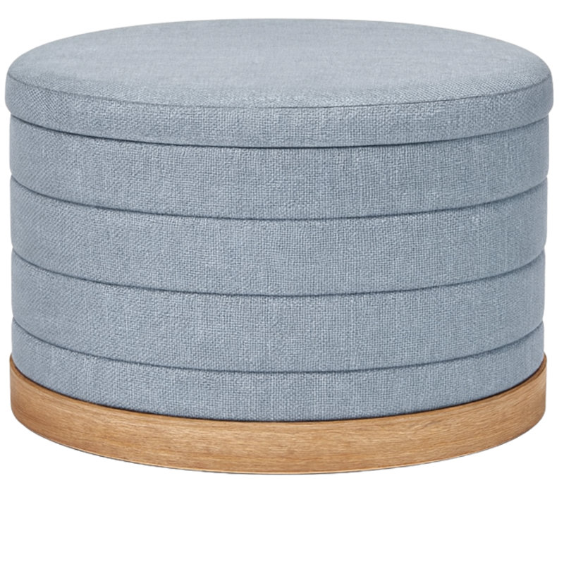  22" Linen Upholstered Round Storage Ottoman with Flush Tray Top, Blue