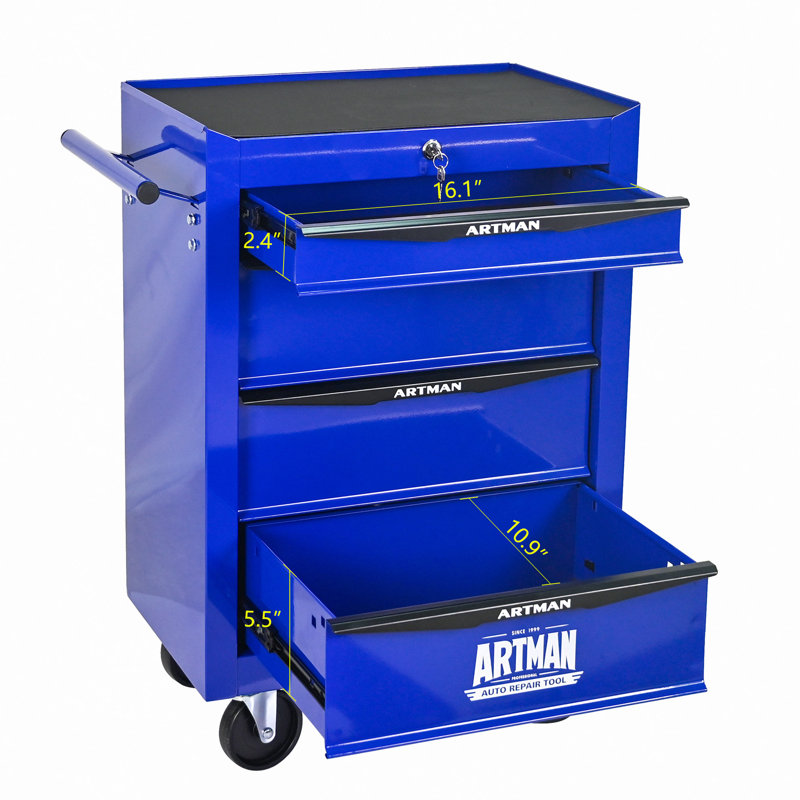 Coffre à outils roulant en métal avec 4 tiroirs, armoire à outils à 4 tiroirs de 20 po avec glissières à roulement à billes, coffre à outils en acier - Noir et bleu