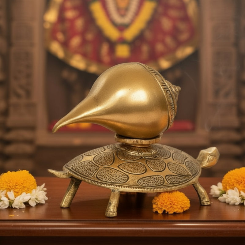 Handcrafted Brass Conch on Tortoise Statue – Hindu Shankha Kurma Sculpture, 7" Divine Spiritual Decor, Made in India