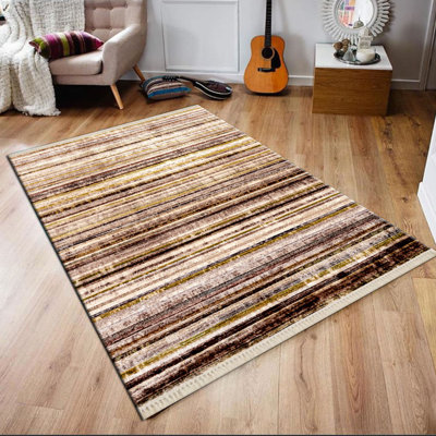 Tapis rayé en polyester tissé à plat à la machine Dalia en beige / brun / or