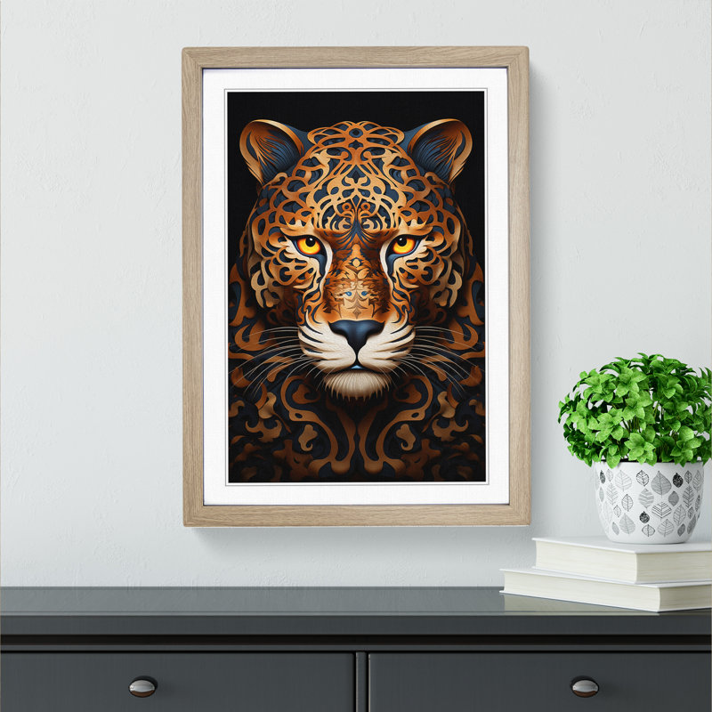 Leopard Op - Single Picture Frame Print on Wood, 64cm H x 46cm W x 2cm D, Oak Framed