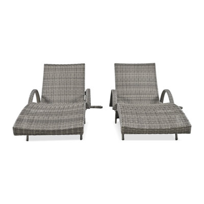 80'' Outdoor Wicker Chaise Lounge Chairs Set of 2, Patio Rattan Reclining Chair Pull-out Side Table Adjustable Backrest Ergonomic Wave Design Pool Sunbathing Recliners