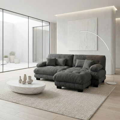 Canapé-lit modulaire en chenille gris avec repose-pieds, 2 coussins lombaires et 2 coussins décoratifs pour petit salon