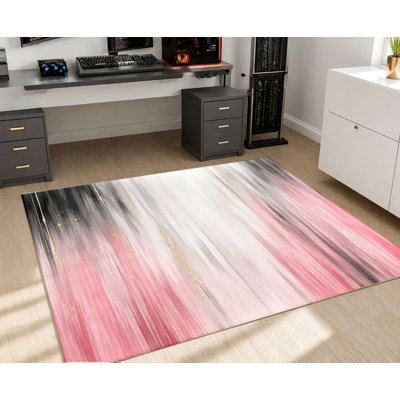 Tapis abstrait à motifs tourbillonnants roses, gris, blancs et dorés, tapis de sol artistique, antidérapant et lavable, idéal pour l'intérieur (salon, chambre, appartement, entrée, cuisine, balcon). Décoration moderne pour salon, chambre, appartement, entrée, cuisine ou balcon.