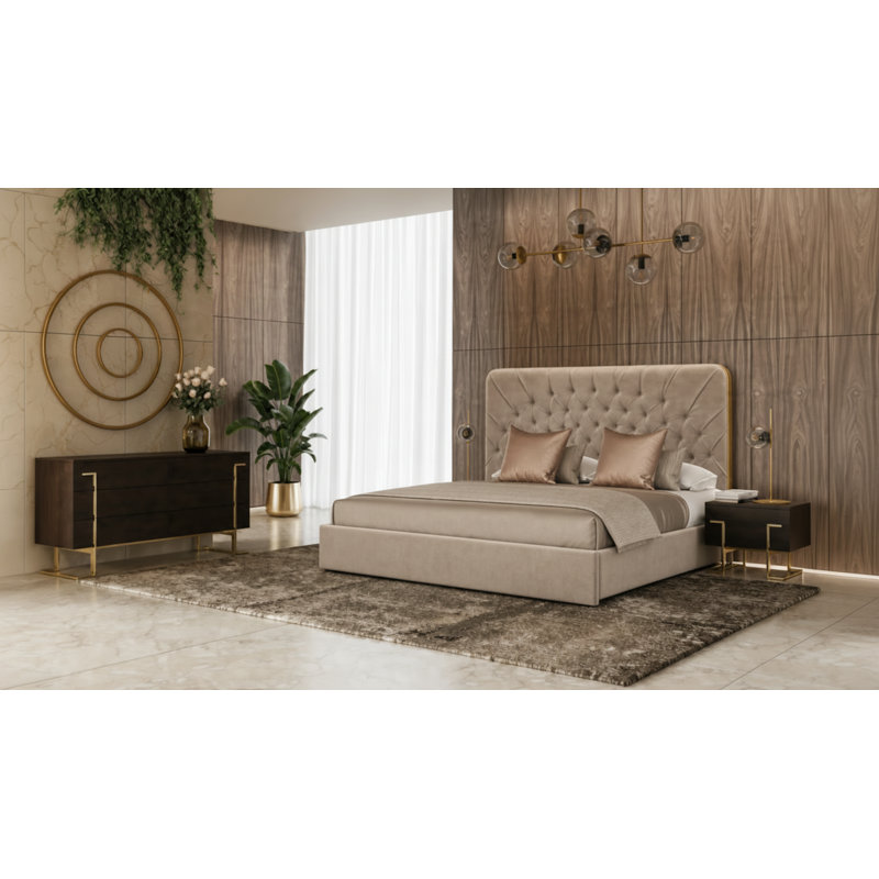 Ensemble de chambre à coucher 4 pièces Moontide - Velours beige glamour et laiton brossé