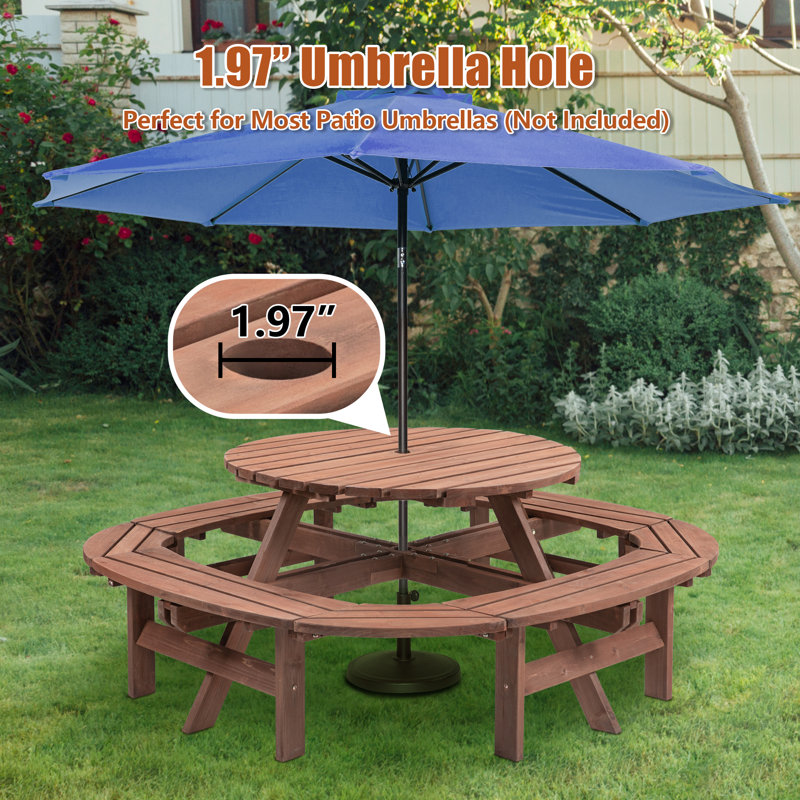 10-12 Seater Round Wooden Picnic Table - Diy Outdoor Table With Built-in Ring Stool, 500-lb Weight Capacity For Patio Garden Backyard