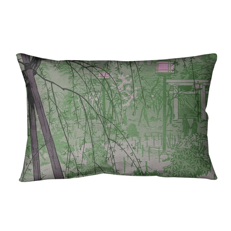 Coussin Misty Evening at Shinobazu Pond, 20 po x 14 po, Vert, Duvet synthétique