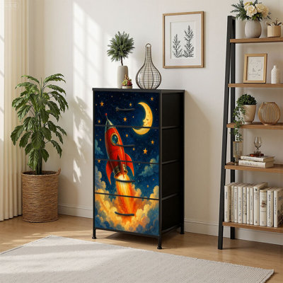 4 Drawer Vertical Storage Dresser Whimsical Red Rocket Night Sky Moon Stars with Wood Top Fabric Pull Drawers