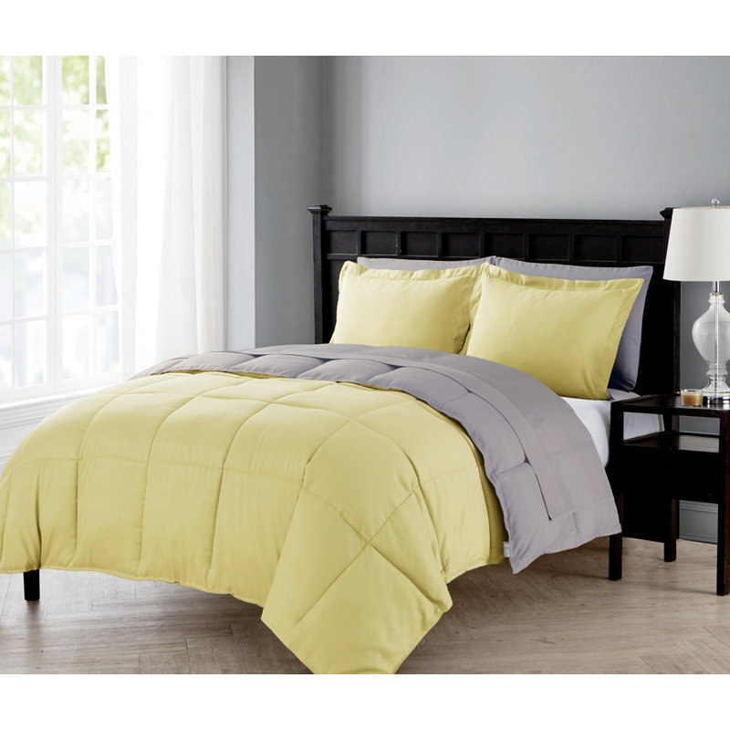 Ensemble d'édredon réversible moderne et contemporain en duvet 6 pièces Lincoln, Jaune/gris