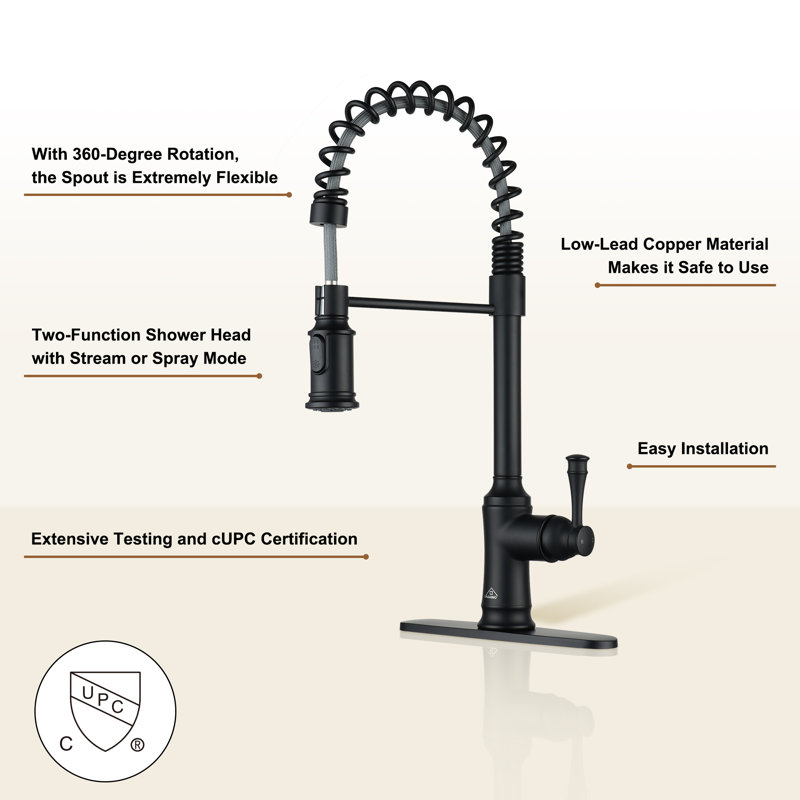 Robinet de cuisine rétractable à une poignée et à simple trou 1,8 gallon / minute Casainc, Noir mat