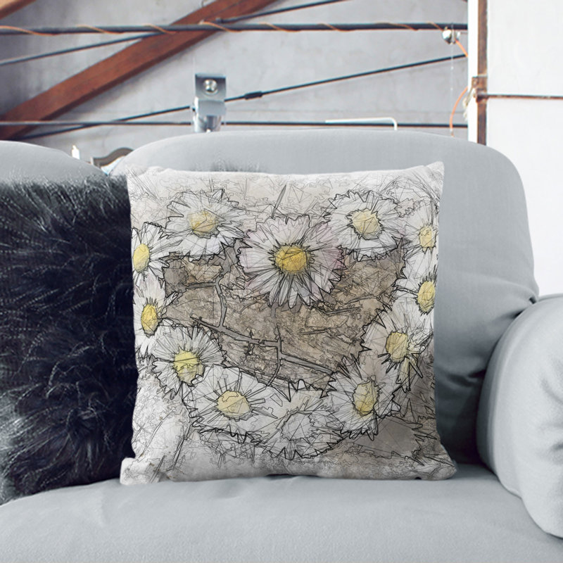 Daisy Heart Chain Sketch Square Throw Cushion, 40cm H x 40cm W x 15cm D
