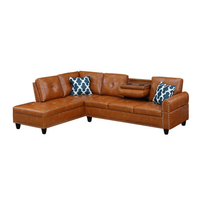 Faux Leather L - Shaped 3 Seat Sectional, Great For Movie/Game Viewing, Pull Down With Cup Holders, Two Toss Pillows And Interior Storage, Solid + Engineered Wood Frame, Foam Cushions, Low Profile