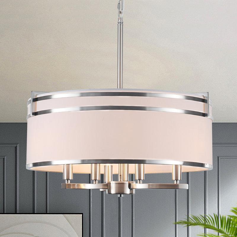 6- Light 21 inch Dimmable Farmhouse Drum Chandelier With Fabric Shade, Nickel