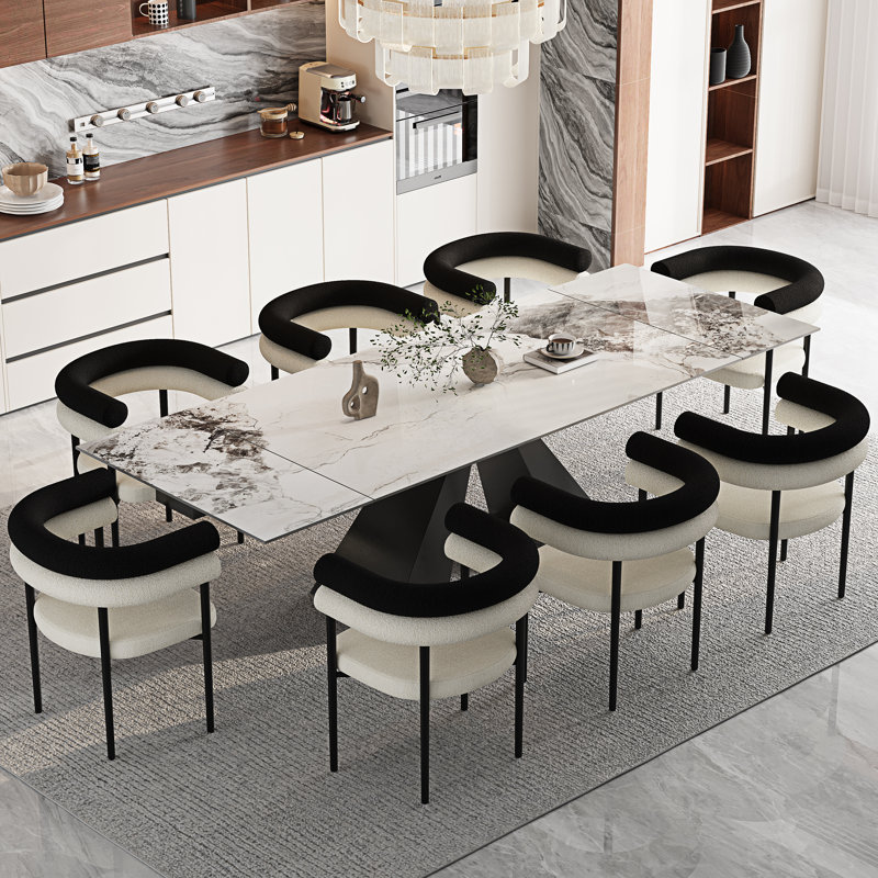94.5'' Extendable Sintered Stone Dining Table With Upholstered Fabric Armchairs Dining Set, 9 Pieces: Table, 8 Chairs, Chanel
