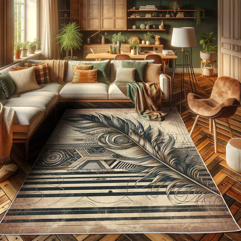 Bohemian Feather Design Blue and Beige Synthetic Area Rug