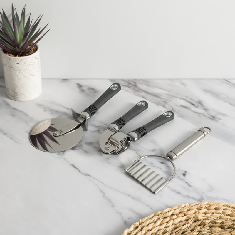 KitchenCraft Professional Stainless Steel Kitchen Tools with Soft Grip Handles, 3pc Set Including Garlic Press, Crinkle Chip Cutter and Pizza Cutter