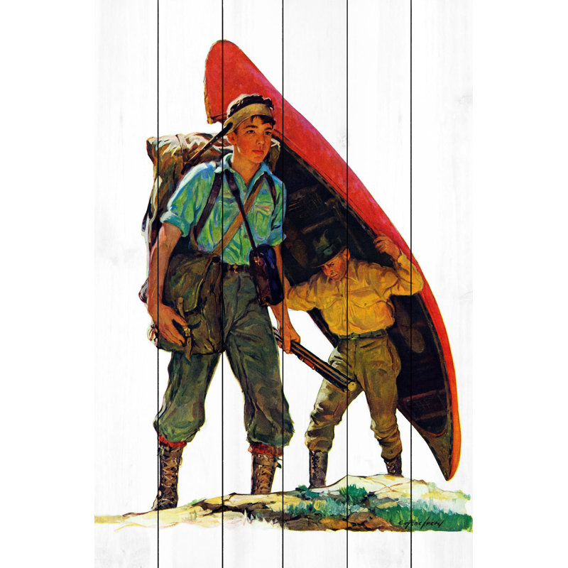 « canoë portage », reproduction d’art sur bois blanc, H 60 po x l 40po x P 1,5 po