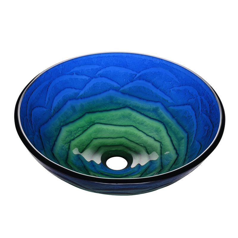 Tempered Glass Circular Vessel Bathroom Sink, Gradient Blue-Green
