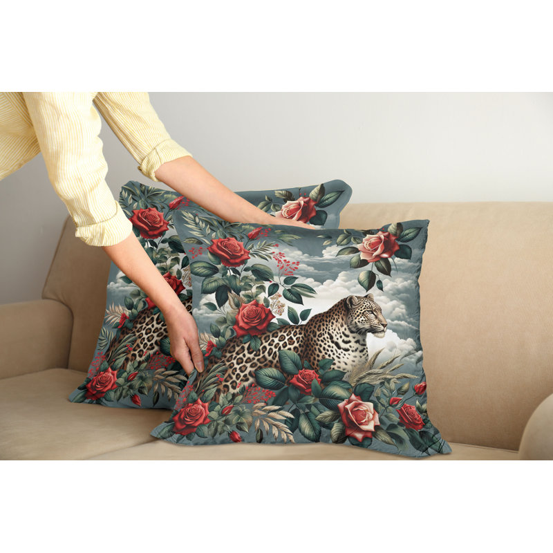 Leopard and Roses Reversible Microfiber Throw Pillow Covers, Set of 2