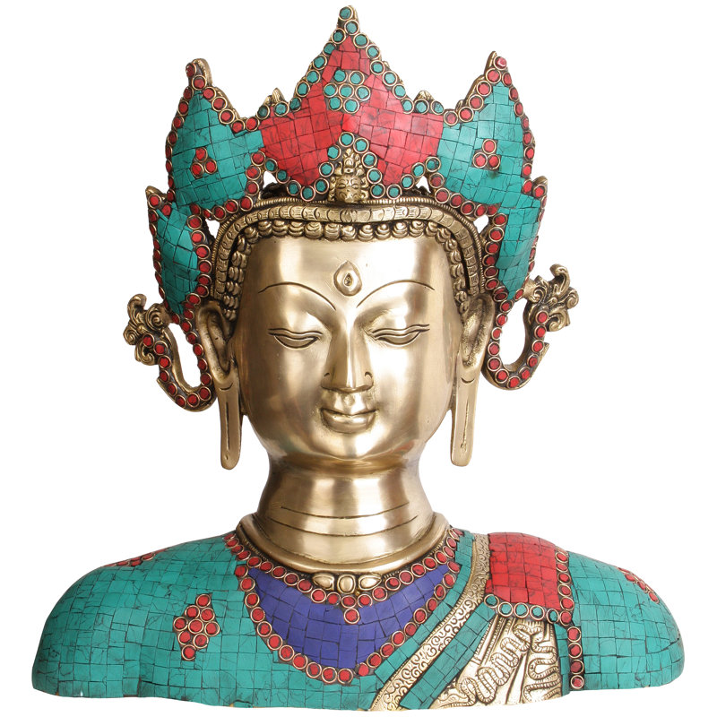 15" Crown Buddha Bust Brass Sculpture – Handcrafted Enlightened Head for Meditation Altar & Home Office Decor
